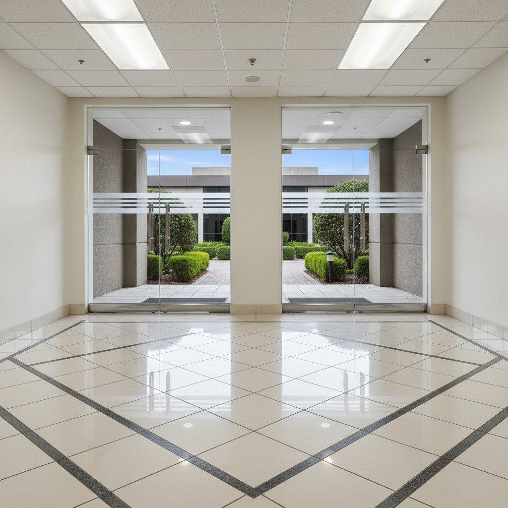 An empty office hallway with tiled floors and two large glass doors leading to an outdoor courtyard.